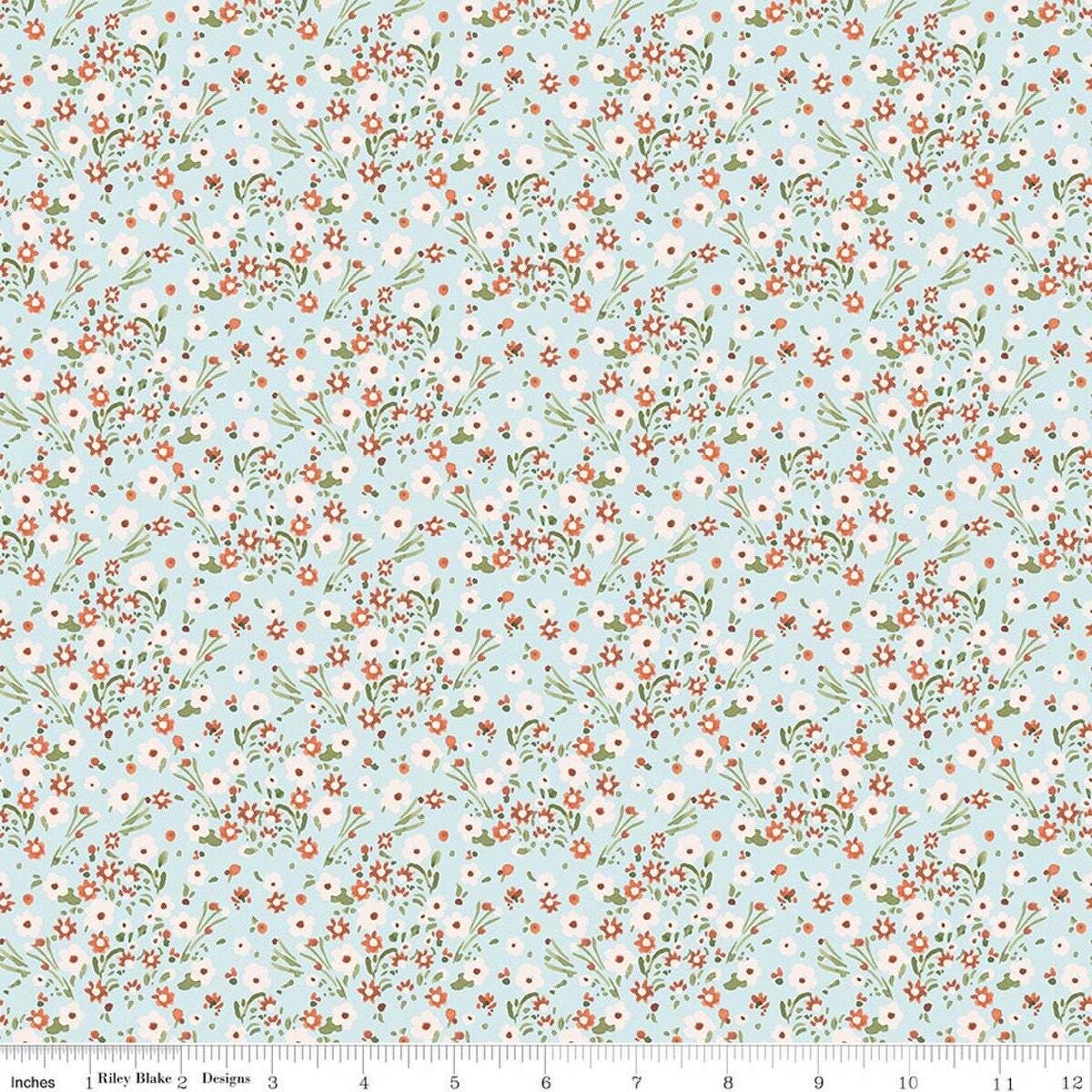 Image of Sketchbook Blossoms Blue quilting cotton fabric by Lisa Audit for RIley Blake Designs. Features flowers on a blue background. Cute Little Fabric Shop.