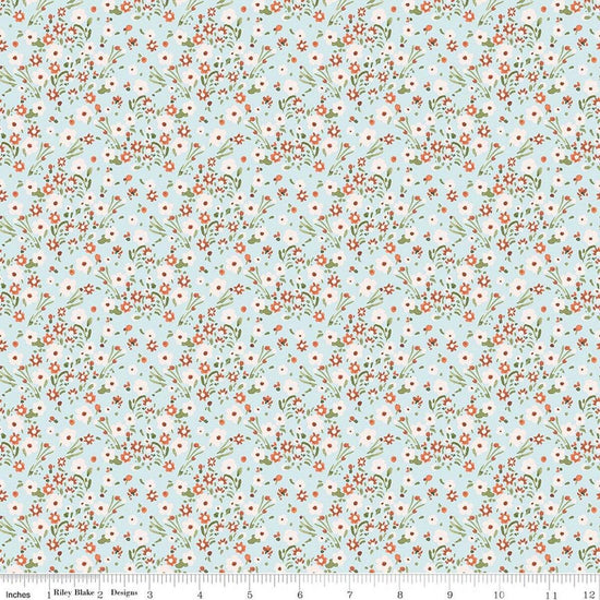 Image of Sketchbook Blossoms Blue quilting cotton fabric by Lisa Audit for RIley Blake Designs. Features flowers on a blue background. Cute Little Fabric Shop.
