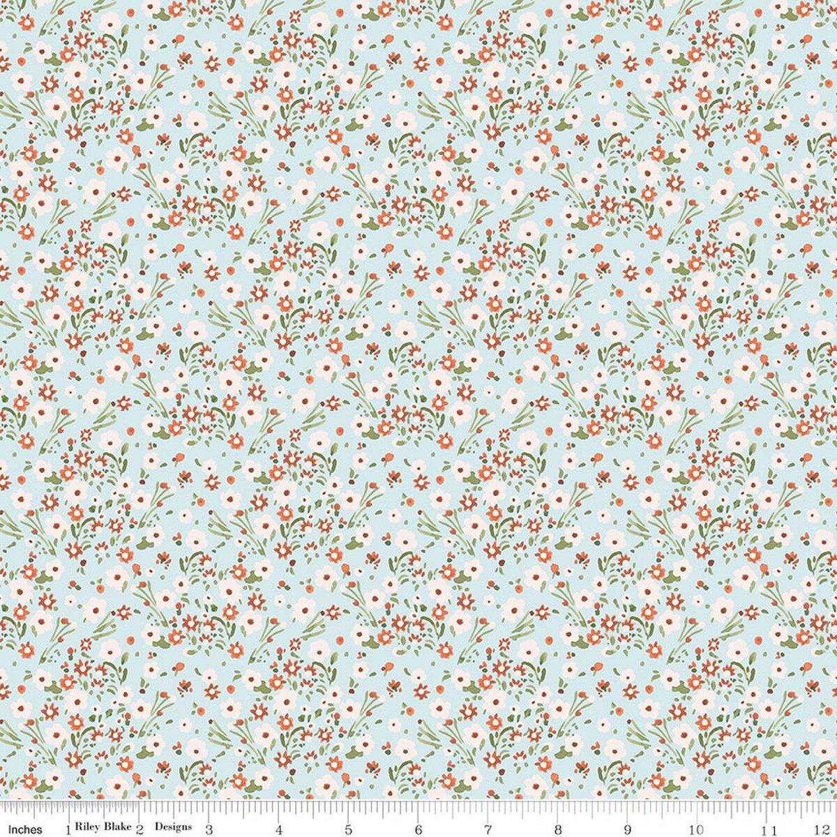 Image of Sketchbook Blossoms Blue quilting cotton fabric by Lisa Audit for RIley Blake Designs. Features flowers on a blue background. Cute Little Fabric Shop.