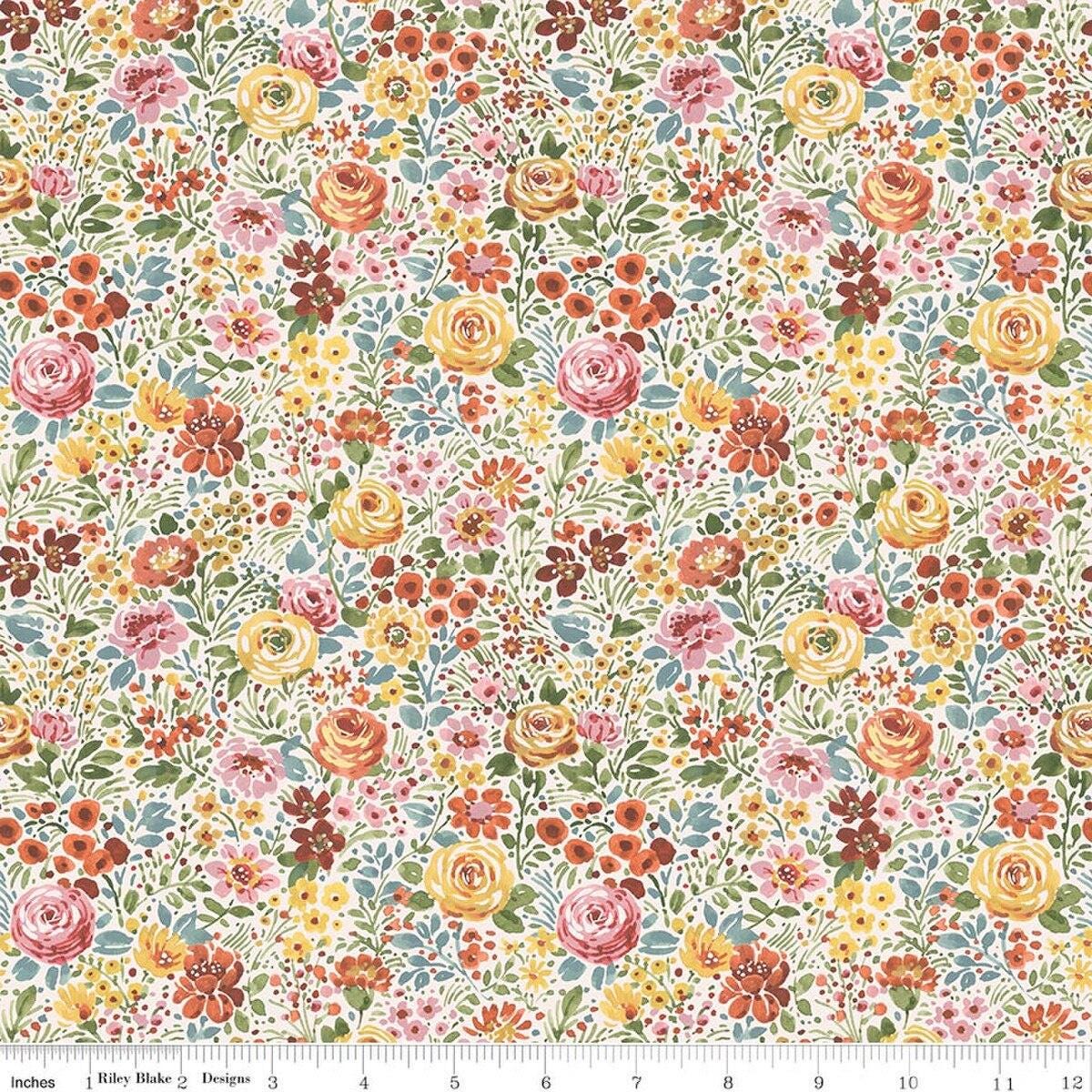 Image of Sketchbook Flower Garden Cream quilting cotton fabric by Lisa Audit for RIley Blake Designs. Features flowers on a cream background. Cute Little Fabric Shop.