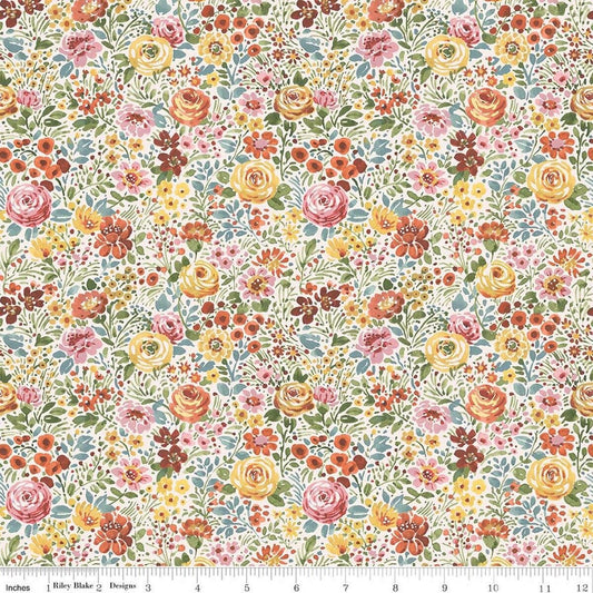 Image of Sketchbook Flower Garden Cream quilting cotton fabric by Lisa Audit for RIley Blake Designs. Features flowers on a cream background. Cute Little Fabric Shop.