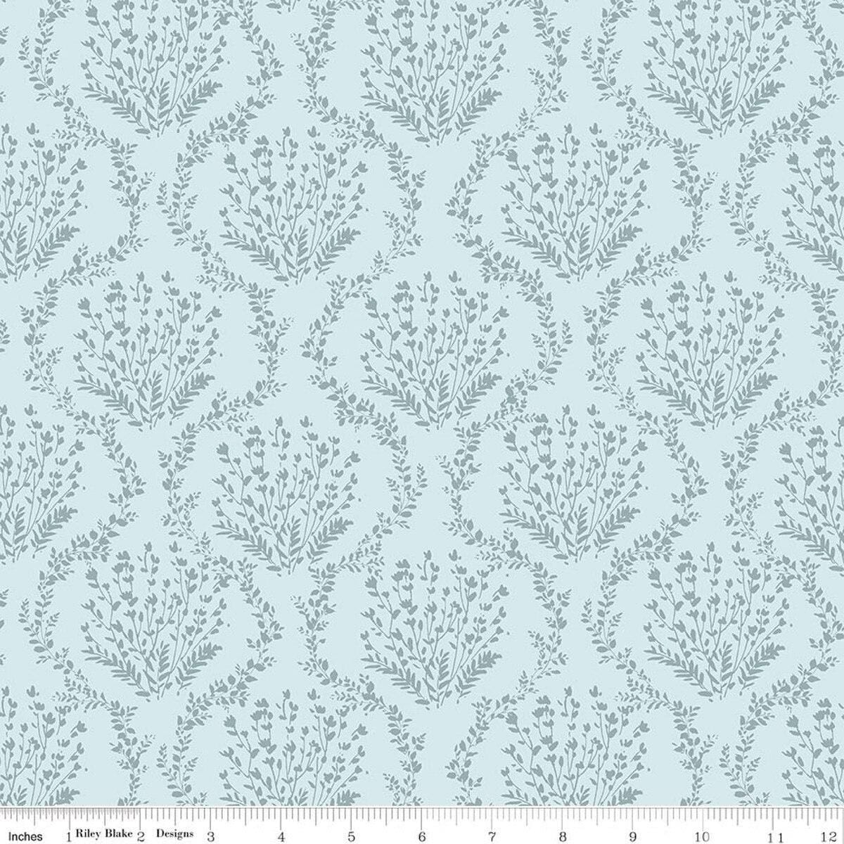 Image of Sketchbook Vines Blue quilting cotton fabric by Lisa Audit for RIley Blake Designs. Features leaves on a blue background. Cute Little Fabric Shop.