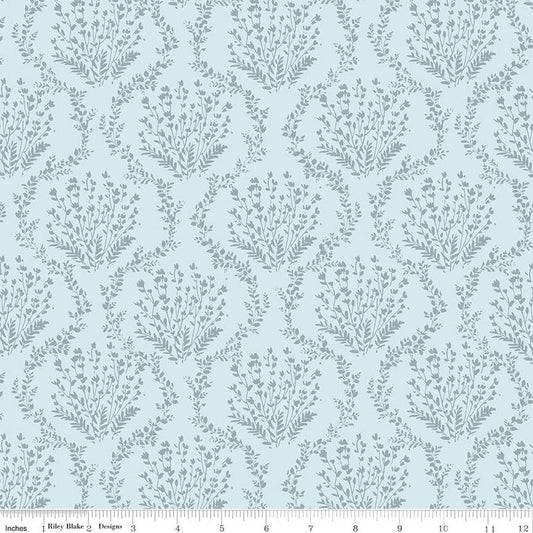 Image of Sketchbook Vines Blue quilting cotton fabric by Lisa Audit for RIley Blake Designs. Features leaves on a blue background. Cute Little Fabric Shop.