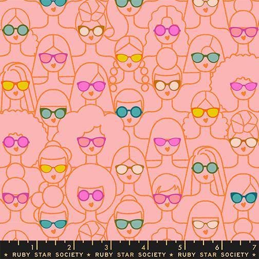 Image of Poolside Too Shine Girl Balmy quilting cotton fabric by Ruby Star Society for Moda Fabrics. Features girls in sunglasses on a pink background. Cute Little Fabric Shop.