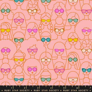 Image of Poolside Too Shine Girl Balmy quilting cotton fabric by Ruby Star Society for Moda Fabrics. Features girls in sunglasses on a pink background. Cute Little Fabric Shop.