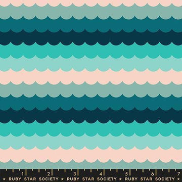 Image of Poolside Too Scallops Peacock quilting cotton fabric by Ruby Star Society for Moda Fabrics. Features stripes on a blue background. Cute Little Fabric Shop.