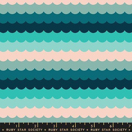 Image of Poolside Too Scallops Peacock quilting cotton fabric by Ruby Star Society for Moda Fabrics. Features stripes on a blue background. Cute Little Fabric Shop.