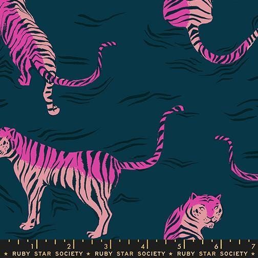Image of Poolside Too Tigress Galaxy quilting cotton fabric by Ruby Star Society for Moda Fabrics. Features tigers on a blue background. Cute Little Fabric Shop.