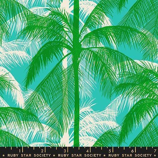 Image of Poolside Too Palms Tropic quilting cotton fabric by Ruby Star Society for Moda Fabrics. Features trees on a green and blue background. Cute Little Fabric Shop.