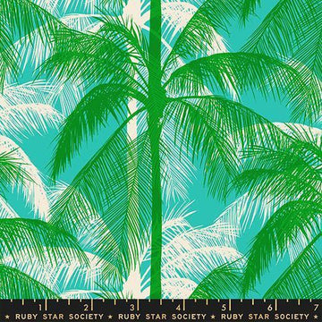 Image of Poolside Too Palms Tropic quilting cotton fabric by Ruby Star Society for Moda Fabrics. Features trees on a green and blue background. Cute Little Fabric Shop.