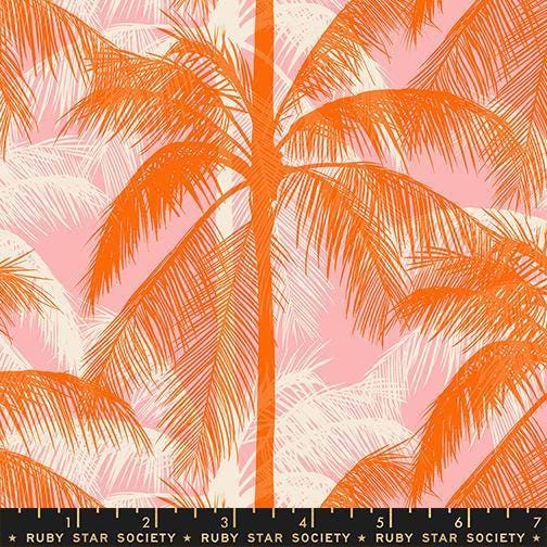 Image of Poolside Too Palms Balmy quilting cotton fabric by Ruby Star Society for Moda Fabrics. Features trees on an orange background. Cute Little Fabric Shop.