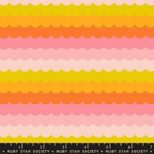 Image of Poolside Too Scallops Balmy quilting cotton fabric by Ruby Star Society for Moda Fabrics. Features stripes on a pink and orange background. Cute Little Fabric Shop.