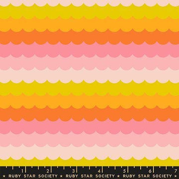 Image of Poolside Too Scallops Balmy quilting cotton fabric by Ruby Star Society for Moda Fabrics. Features stripes on a pink and orange background. Cute Little Fabric Shop.