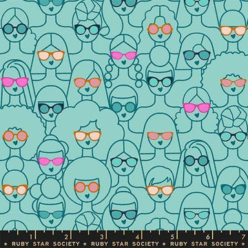 Image of Poolside Too Shine Girl Lagoon quilting cotton fabric by Ruby Star Society for Moda Fabrics. Features girls in sunglasses on a blue background. Cute Little Fabric Shop.