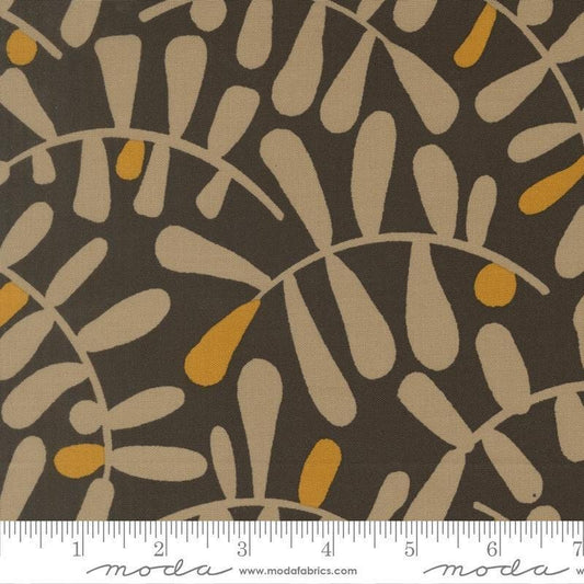 Image of Mira Calm Onyx quilting cotton fabric by Zen Chic for Moda Fabrics. Features leaves on a brown background. Cute Little Fabric Shop.