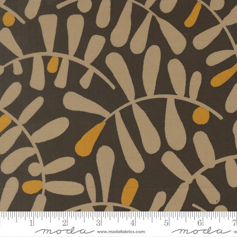 Image of Mira Calm Onyx quilting cotton fabric by Zen Chic for Moda Fabrics. Features leaves on a brown background. Cute Little Fabric Shop.