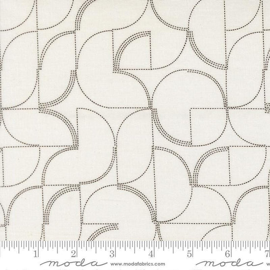 Image of Mira Echo Pearl quilting cotton fabric by Zen Chic for Moda Fabrics. Features a geometric pattern on a white background. Cute Little Fabric Shop.
