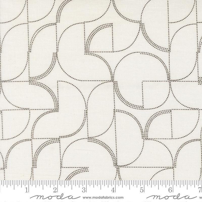 Image of Mira Echo Pearl quilting cotton fabric by Zen Chic for Moda Fabrics. Features a geometric pattern on a white background. Cute Little Fabric Shop.