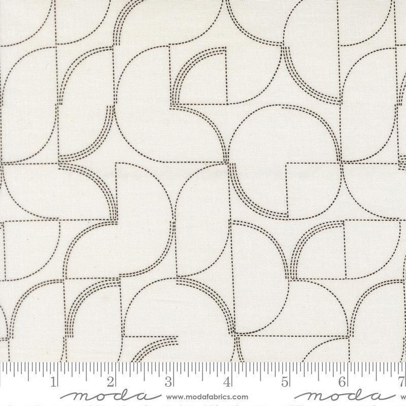 Image of Mira Echo Pearl quilting cotton fabric by Zen Chic for Moda Fabrics. Features a geometric pattern on a white background. Cute Little Fabric Shop.