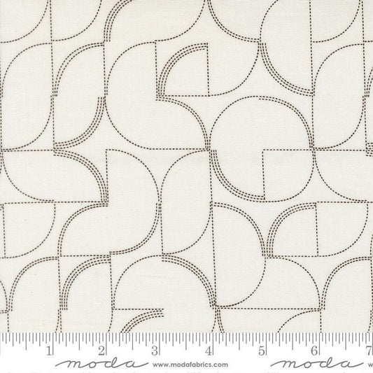 Image of Mira Echo Pearl quilting cotton fabric by Zen Chic for Moda Fabrics. Features a geometric pattern on a white background. Cute Little Fabric Shop.