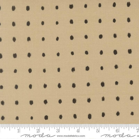 Image of Mira Pure Tan quilting cotton fabric by Zen Chic for Moda Fabrics. Features polka dots on a brown background. Cute Little Fabric Shop.