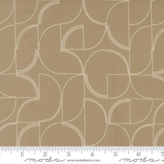 Image of Mira Echo Taupe quilting cotton fabric by Zen Chic for Moda Fabrics. Features a geometric pattern on a brown background. Cute Little Fabric Shop.