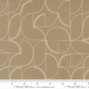 Image of Mira Echo Taupe quilting cotton fabric by Zen Chic for Moda Fabrics. Features a geometric pattern on a brown background. Cute Little Fabric Shop.