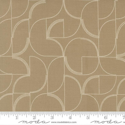 Image of Mira Echo Taupe quilting cotton fabric by Zen Chic for Moda Fabrics. Features a geometric pattern on a brown background. Cute Little Fabric Shop.