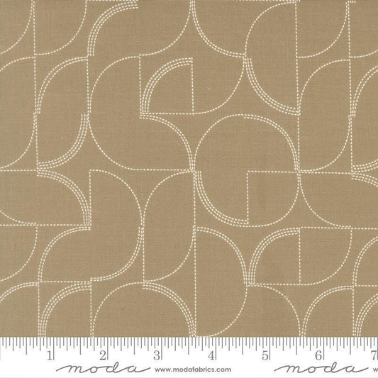 Image of Mira Echo Taupe quilting cotton fabric by Zen Chic for Moda Fabrics. Features a geometric pattern on a brown background. Cute Little Fabric Shop.