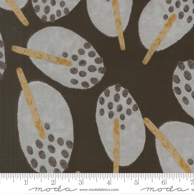 Image of Mira Stillness Onyx quilting cotton fabric by Zen Chic for Moda Fabrics. Features leaves on a brown background. Cute Little Fabric Shop.