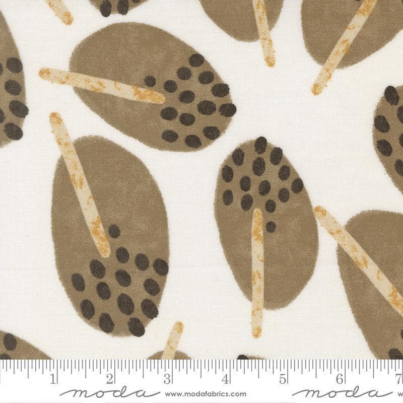 Image of Mira Stillness Pearl quilting cotton fabric by Zen Chic for Moda Fabrics. Features leaves on a white background. Cute Little Fabric Shop.