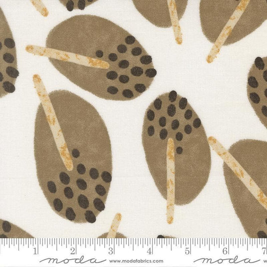 Image of Mira Stillness Pearl quilting cotton fabric by Zen Chic for Moda Fabrics. Features leaves on a white background. Cute Little Fabric Shop.