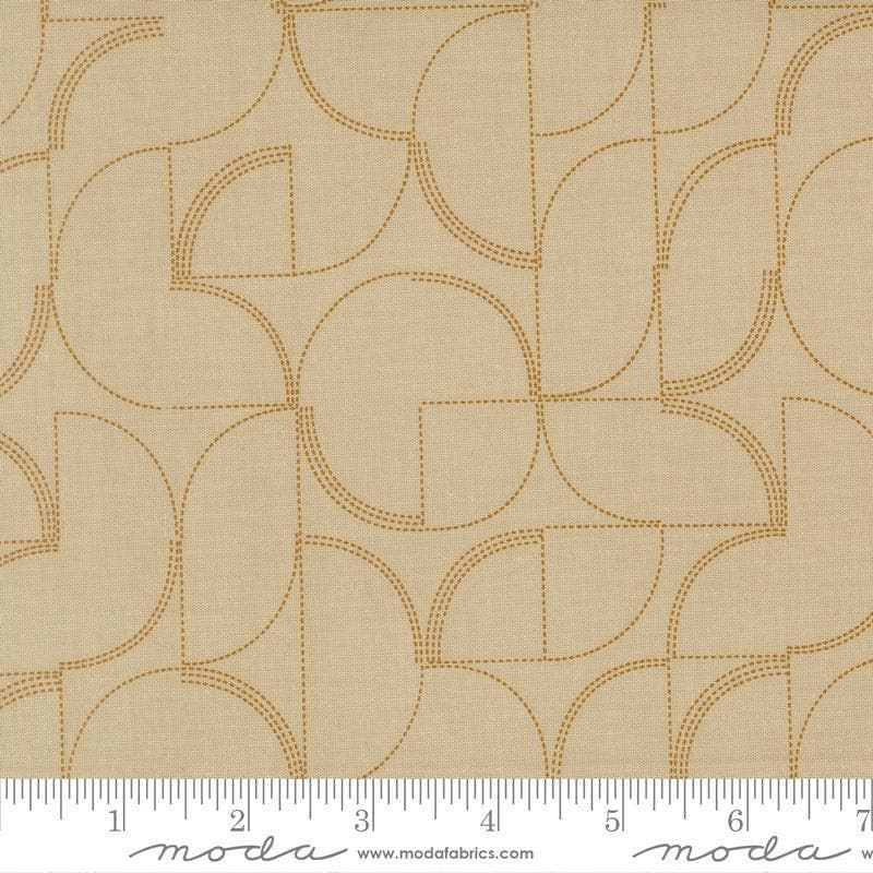 Image of Mira Echo Tan quilting cotton fabric by Zen Chic for Moda Fabrics. Features a geometric pattern on a brown background. Cute Little Fabric Shop.