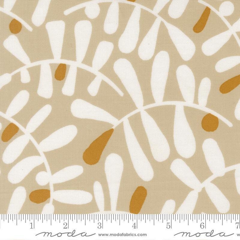 Image of Mira Calm Tan quilting cotton fabric by Zen Chic for Moda Fabrics. Features leaves on a brown background. Cute Little Fabric Shop.