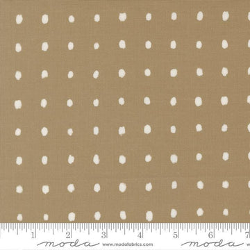 Image of Mira Pure Taupe quilting cotton fabric by Zen Chic for Moda Fabrics. Features polka dots on a brown background. Cute Little Fabric Shop.