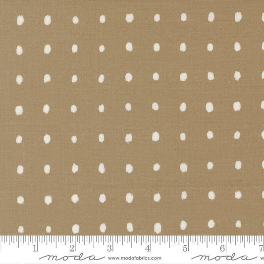 Image of Mira Pure Taupe quilting cotton fabric by Zen Chic for Moda Fabrics. Features polka dots on a brown background. Cute Little Fabric Shop.