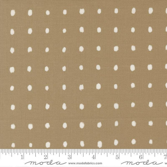 Image of Mira Pure Taupe quilting cotton fabric by Zen Chic for Moda Fabrics. Features polka dots on a brown background. Cute Little Fabric Shop.