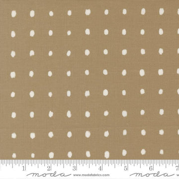 Image of Mira Pure Taupe quilting cotton fabric by Zen Chic for Moda Fabrics. Features polka dots on a brown background. Cute Little Fabric Shop.