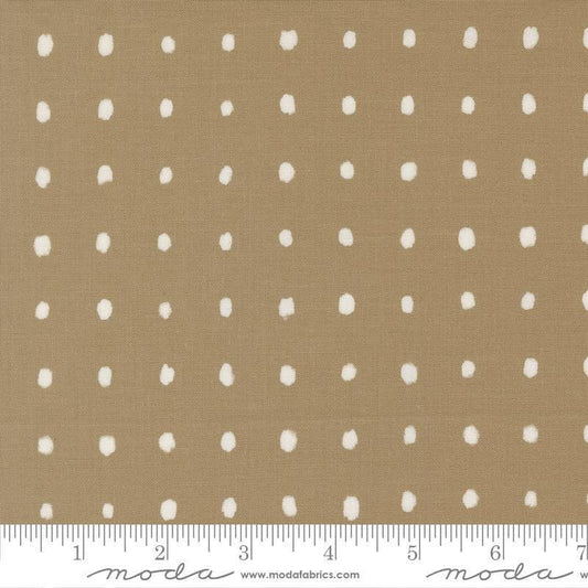 Image of Mira Pure Taupe quilting cotton fabric by Zen Chic for Moda Fabrics. Features polka dots on a brown background. Cute Little Fabric Shop.