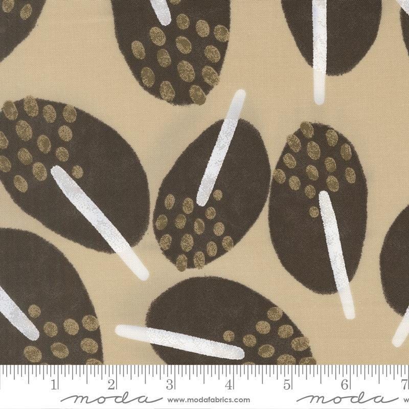 Image of Mira Stillness Tan quilting cotton fabric by Zen Chic for Moda Fabrics. Features leaves on a brown background. Cute Little Fabric Shop.
