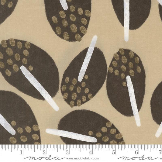 Image of Mira Stillness Tan quilting cotton fabric by Zen Chic for Moda Fabrics. Features leaves on a brown background. Cute Little Fabric Shop.