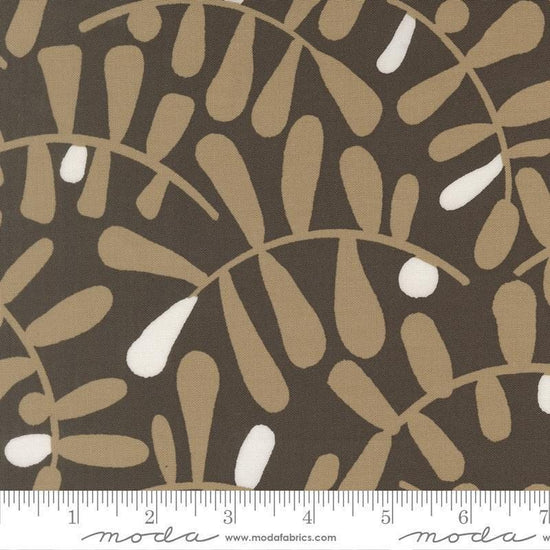 Image of Mira Calm Charcoal quilting cotton fabric by Zen Chic for Moda Fabrics. Features leaves on a brown background. Cute Little Fabric Shop.