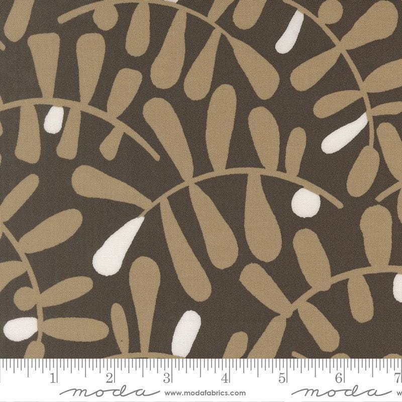 Image of Mira Calm Charcoal quilting cotton fabric by Zen Chic for Moda Fabrics. Features leaves on a brown background. Cute Little Fabric Shop.