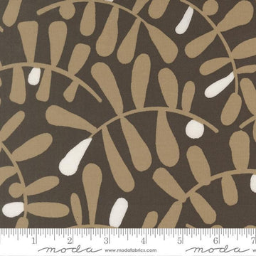 Image of Mira Calm Charcoal quilting cotton fabric by Zen Chic for Moda Fabrics. Features leaves on a brown background. Cute Little Fabric Shop.