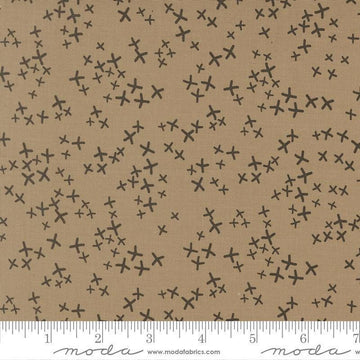 Image of Mira Realm Taupe quilting cotton fabric by Zen Chic for Moda Fabrics. Features crosses on a brown background. Cute Little Fabric Shop.