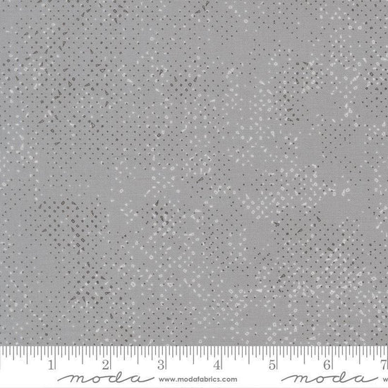 Image of Mira Spotted Light Gray quilting cotton fabric by Zen Chic for Moda Fabrics. Features printed texture on a gray background. Cute Little Fabric Shop.