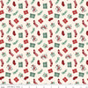 Image of Evergreen Wishes Stockings & Gifts Cream quilting cotton fabric by Traci Reed for Riley Blake Designs. Features presents on a white background. Cute Little Fabric Shop.