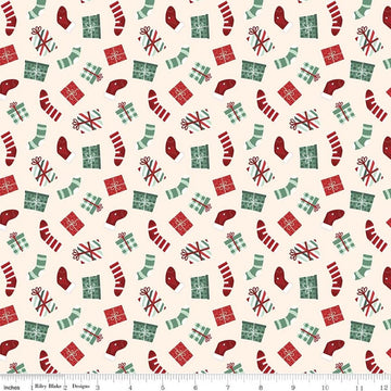 Image of Evergreen Wishes Stockings & Gifts Cream quilting cotton fabric by Traci Reed for Riley Blake Designs. Features presents on a white background. Cute Little Fabric Shop.