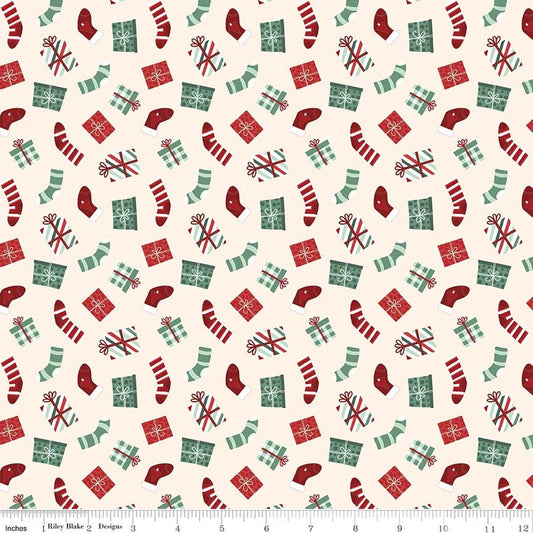 Image of Evergreen Wishes Stockings & Gifts Cream quilting cotton fabric by Traci Reed for Riley Blake Designs. Features presents on a white background. Cute Little Fabric Shop.