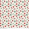 Image of Evergreen Wishes Stockings & Gifts Cream quilting cotton fabric by Traci Reed for Riley Blake Designs. Features presents on a white background. Cute Little Fabric Shop.